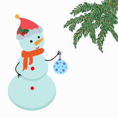 Snowman with Christmas tree and ball. Christmas vector illustration. Colorful flat icons on a white background.