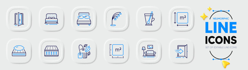 Pillows, Floor lamp and Entrance line icons for web app. Pack of Mattress, Mint bag, Tea mug pictogram icons. Furniture, Flexible mattress, Bed signs. Square area, Open door, Square meter. Vector