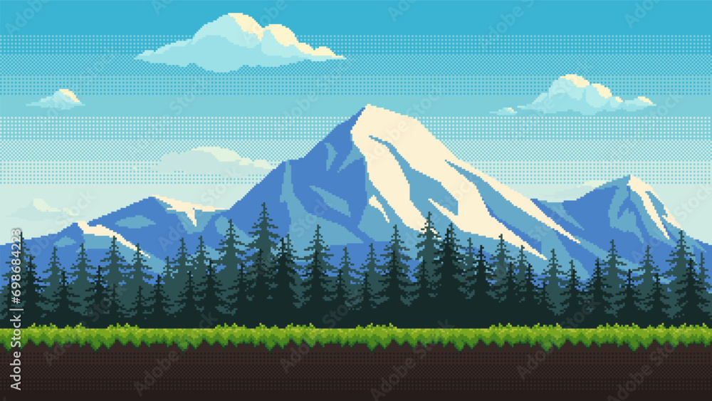 Poster pixel art game mountain location. summer seamless background with snow capped peaks, fir tree forest