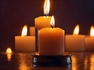 Burning candles on dark background with copy space for International Holocaust Remembrance Day, January 27. Pray for Israeli–Palestinian conflict