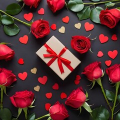  bouquet of fresh roses and red hearts Gift box