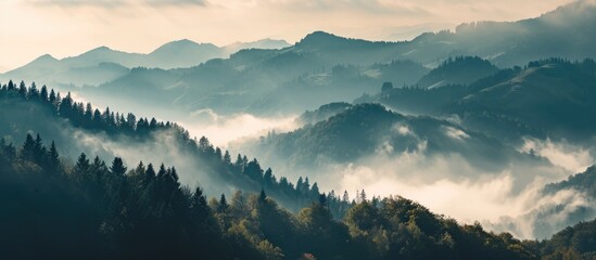 Gorgeous misty mountains at dawn with no sunlight.
