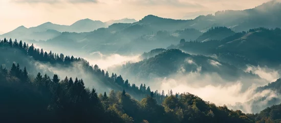 Foto op Canvas Gorgeous misty mountains at dawn with no sunlight. © AkuAku
