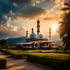 Fototapeta na wymiar Golden Hour Reflections Of Peaceful Village Mosque Embrace