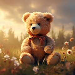 An isolated teddy bear in a playful pose, radiating a sense of childlike wonder and innocence.