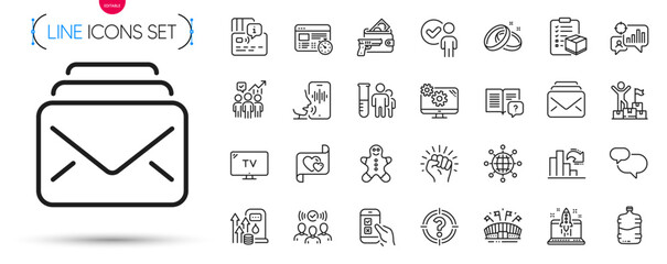 Pack of Cooler bottle, Medical analyzes and Chat message line icons. Include Business statistics, Instruction manual, Wedding rings pictogram icons. Tv, Start business, Seo statistics signs. Vector - obrazy, fototapety, plakaty
