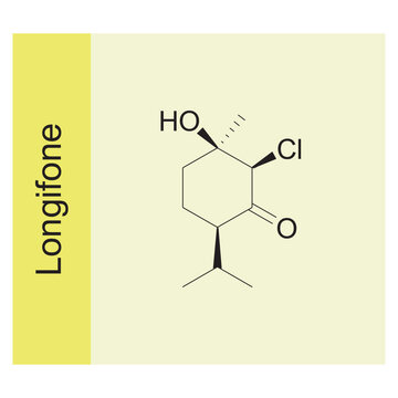 Longifone skeletal structure diagram.Monoterpenoid compound molecule scientific illustration on yellow background.