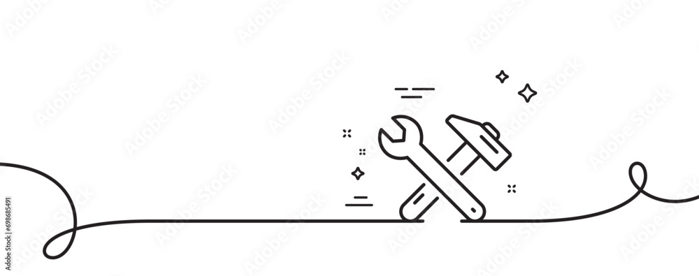 Poster spanner and hammer line icon. continuous one line with curl. repair service sign. fix instruments sy