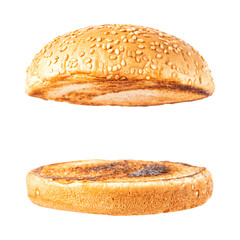 Fresh tasty burger bread isolated on white background. Food background.