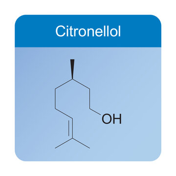 Citronellol skeletal structure diagram.Monoterpenoid compound molecule scientific illustration on blue background.