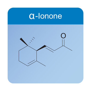 α-Ionone skeletal structure diagram.Monoterpenoid compound molecule scientific illustration on blue background.