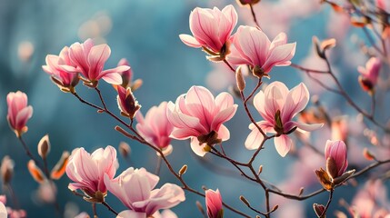 Valentine's Day: Pink Spring Magnolia Flowers Branch - obrazy, fototapety, plakaty