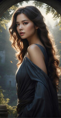 Portrait of beautiful woman brunette on color background Generative ai