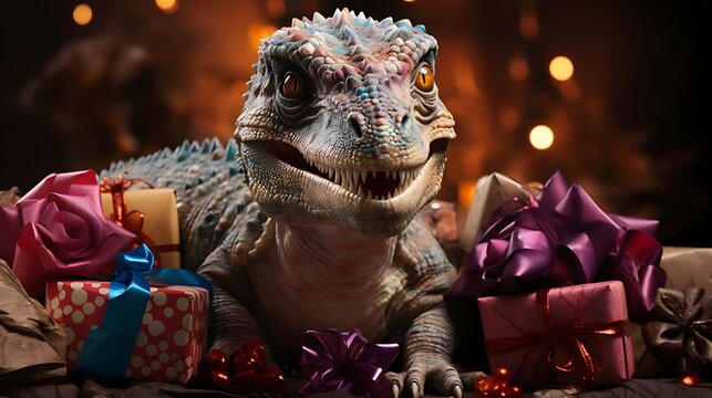 small dinosaur surrounded by beautiful gifts