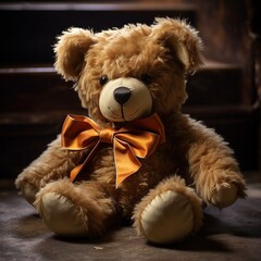 A close-up of a teddy bear with a ribbon around its neck, its eyes reflecting a sense of warmth and comfort.