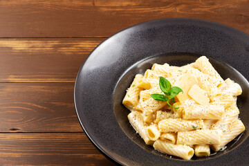 Rigatoni with cream sauce, parmesan cheese and basil.