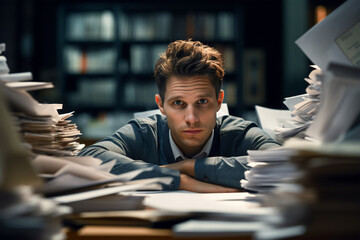 Portrait of a tired dark-haired man sitting at a desk with a lot of paper, folders and documents on it. Stress and chronic fatigue. - obrazy, fototapety, plakaty