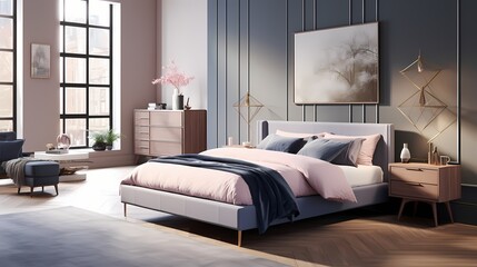 A stylish bedroom featuring a chic, Scandinavian-inspired bed set in cool shades of slate blue and muted pink, showcasing modern elegance.