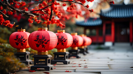 Red lanterns line a path in a traditional Chinese garden. Blooming red flowers on branches overhead match the festive lanterns