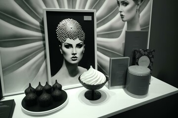 Black and white items on display stand. Generative AI