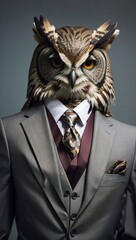 Owl in a Luxurious Colorful Professional Suit. Animal posing with a charismatic human attitude. Fun Concept in a Simple Plain Background. Creative Marketing and Branding Concept.