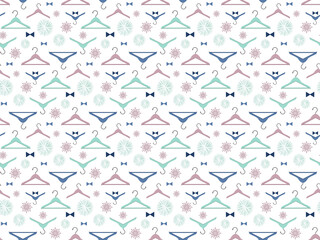 Repeating pattern mix of colored hangers and festive elements. Pink, green, blue color