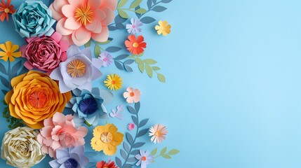 Handmade Paper Flowers on Light Blue Background with Copyspace