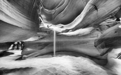 Black and white view of Antelope Canyon. Abstract background. Travel and nature concept.