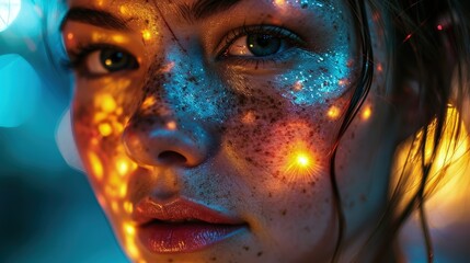A Woman with Blue and Yellow Lights on Her Face