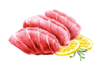 Fish Tuna raw fillet. Hand drawn watercolor illustration,  isolated on white background
