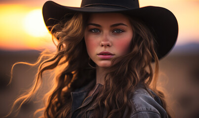 Intense gaze of a young cowgirl at sunset, wind in her flowing hair, evoking a sense of freedom and wild spirit in the desert