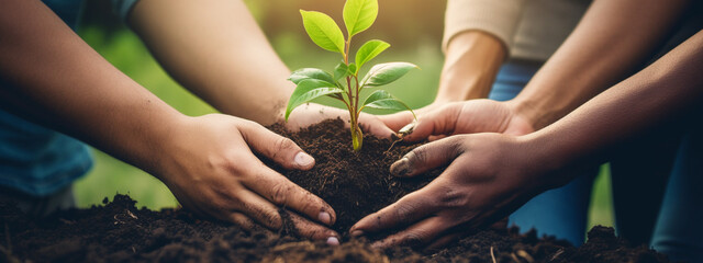 Growing a greener business. Shot of a group of hands holding a plant growing out of soil - obrazy, fototapety, plakaty