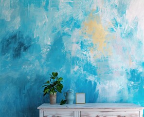 wall wallpaper hand painting on blue house wall painting concept, in the style of minimalist images. - obrazy, fototapety, plakaty