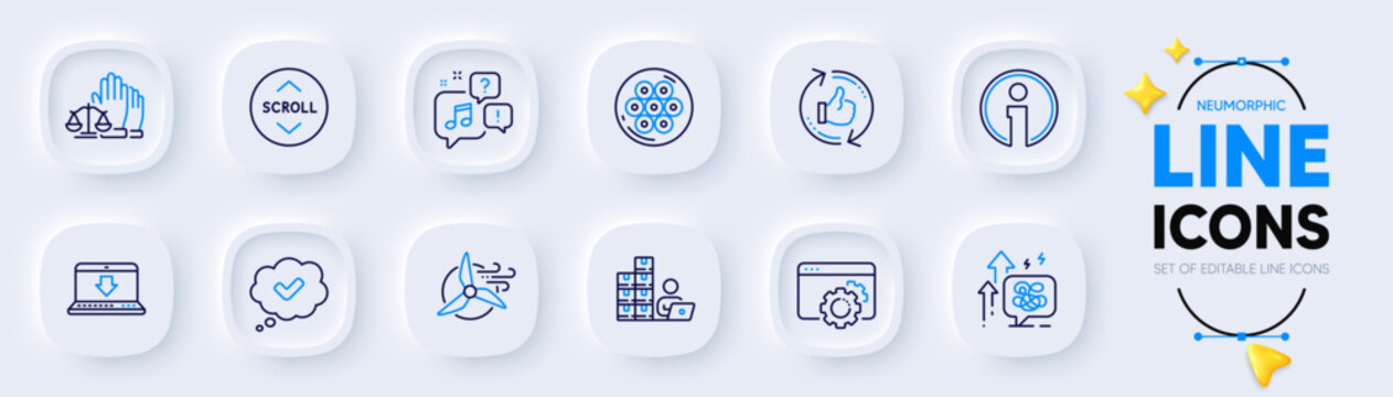 Approved, Seo gear and Info line icons for web app. Pack of Court jury, Scroll down, Stress grows pictogram icons. Cable section, Voicemail, Internet downloading signs. Windmill turbine. Vector