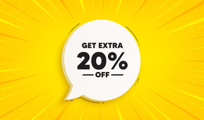 Get Extra 20 percent off Sale. Speech bubble sunburst banner. Discount offer price sign. Special offer symbol. Save 20 percentages. Extra discount chat speech message. Vector