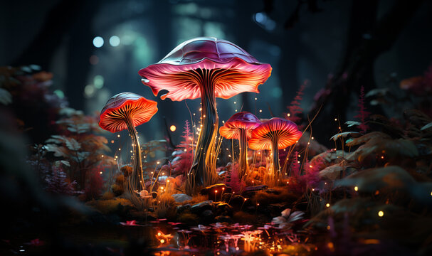 a forest of glowing mushrooms, neon effect, 3d images