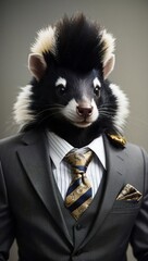 Skunk in a Luxurious Colorful Professional Suit. Animal posing with a charismatic human attitude. Fun Concept in a Simple Plain Background. Creative Marketing and Branding Concept.