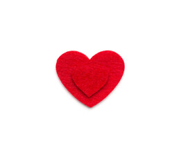 Felt red heart shapes isolated on white ,top view