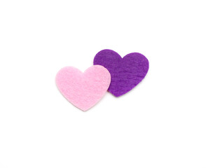 Felt hearts shapes isolated on white ,top view