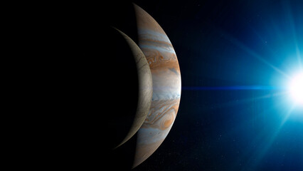 Jupiter planet surface and Europa moon, space view. 3d rendering. Element of this image are furnished by Nasa © Naeblys