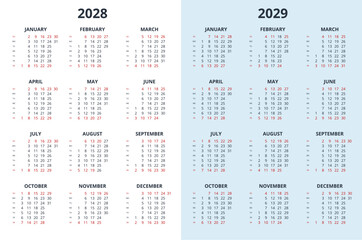 Calendar Planner for 2028, 2029. Calendar template for 2028, 2029. Corporate and business calendar 28, 29. Week Starts on Sunday