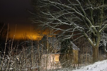 snowy street of the small town of Pernio in Finland at night