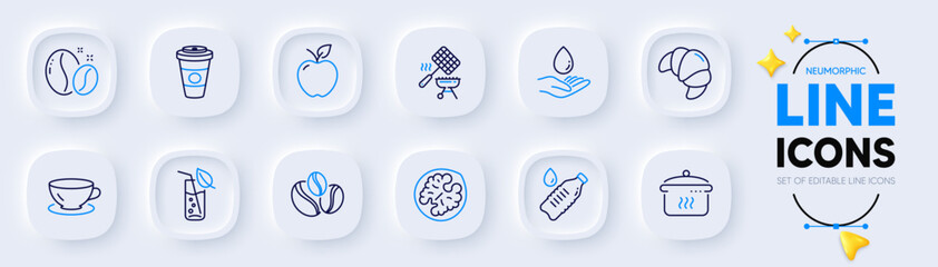 Water bottle, Water care and Coffee-berry beans line icons for web app. Pack of Grill basket, Croissant, Boiling pan pictogram icons. Apple, Espresso, Coffee beans signs. Walnut. Vector