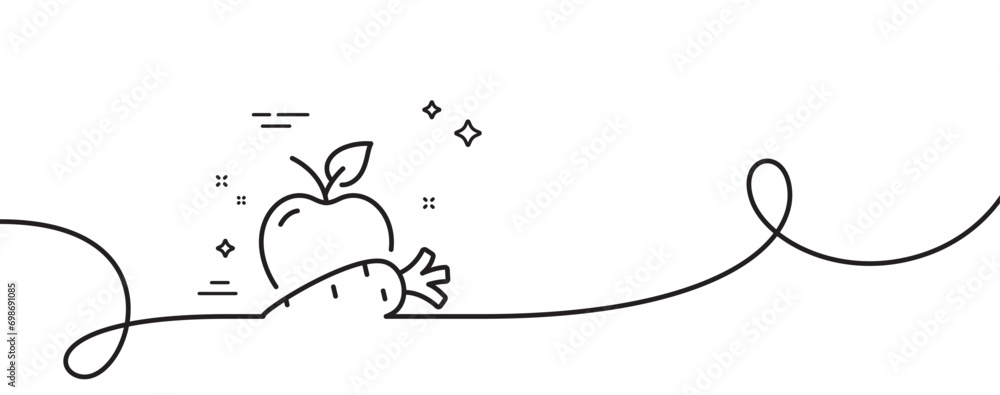 Poster apple with carrot line icon. continuous one line with curl. vegetable and fruit sign. vegeterian foo