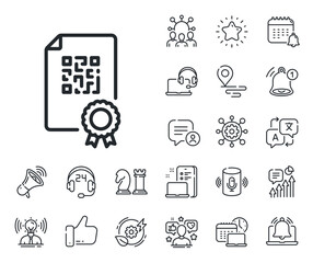 Scan barcode sign. Place location, technology and smart speaker outline icons. Qr code line icon. Certificate document symbol. Qr code line sign. Influencer, brand ambassador icon. Vector
