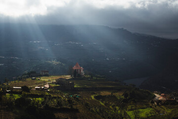 Sunrise in the misty Douro Valley in late fall. Northern Portugal. - obrazy, fototapety, plakaty