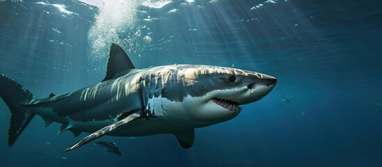 Underwater image of a stunning wild great white shark - obrazy, fototapety, plakaty