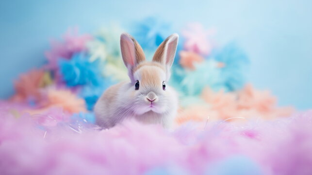 Easter bunny in a pile of pastel colored feathers. Happy Easter, Birthday, Valentine's Day, Springtime concept for card, postcard, poster, banner, backdrop