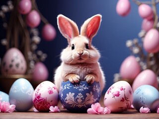 Fototapeta na wymiar Happy Easter background, rabbit with easter eggs.