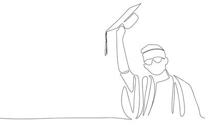 Graduate student with hat one line continuous. Line art graduate boy outline silhouette. Hand drawn vector art.